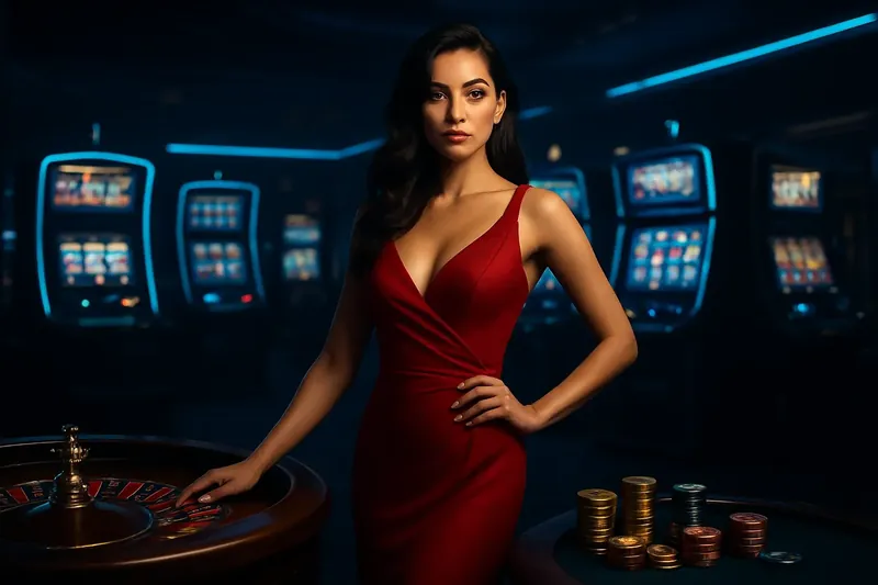 Bangladesh Casino Banner Elegant woman in red dress standing by roulette and slot machines in luxury Bangladeshi casino with neon lights and gold coins