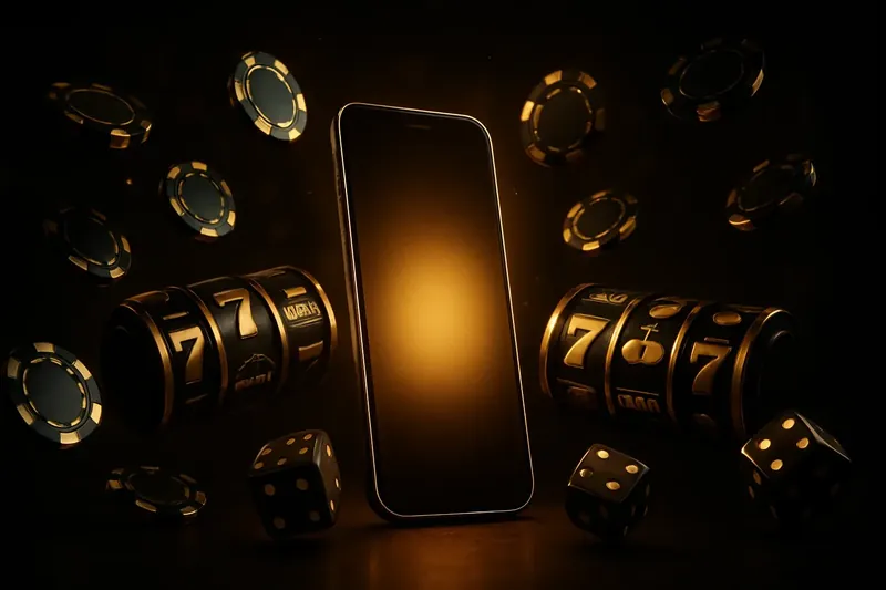 Luxury Casino Banner Glowing smartphone surrounded by casino chips, slot reels, and dice on a dark gold-accented background
